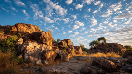 Warm golden light highlights a rocky landscape under a brilliant blue sky.の素材