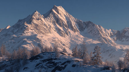 Majestic Snow-Capped Mountain Range Against Blue Sky Under Sunlightの素材