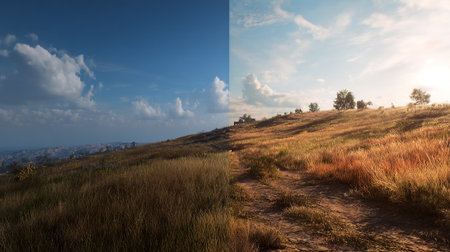 Contrasting Hillside Views: A Study in Light and Atmospheric Conditionsの素材