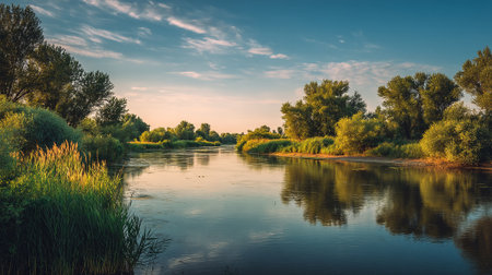 Serene River Landscape with Lush Greenery Under a Clear Blue Skyの素材