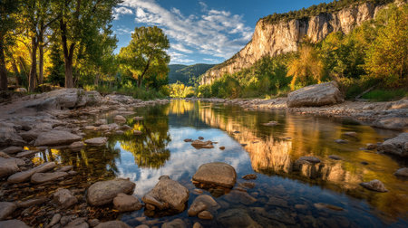 Serene Autumn Reflection on the Tranquil River amidst Rocky Landscapeの素材