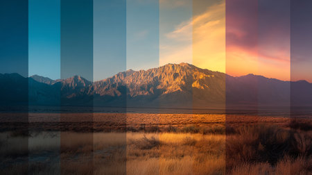 Mountain range transitions through various times of day and light conditionsの素材