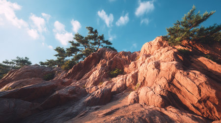 Rocky Mountain Ridge with Lush Green Trees against a Clear Blue Skyの素材