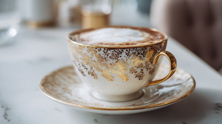 Elegant Cup of Coffee with Gold Detailing on a Marble Tableの素材