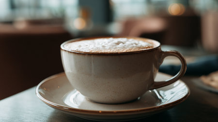 Delicious Cappuccino with Frothy Foam in Elegant Ceramic Cup on Tableの素材