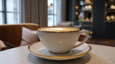 Elegant coffee cup with latte art in a stylish interior settingの素材