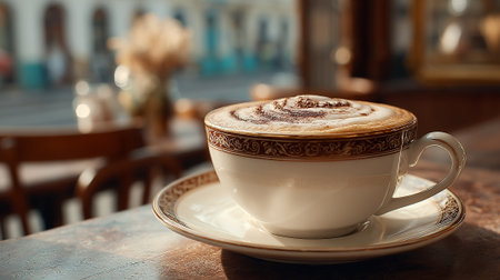 Elegant Cappuccino in Ornate Cup: A Moment of Relaxation and Indulgenceの素材