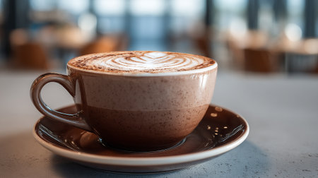 Cappuccino in a Brown Ceramic Cup With Latte Art Designの素材