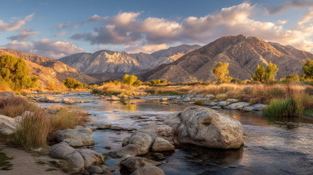 Tranquil River Flowing Through Mountain Landscape at Dusk in golden lightの素材