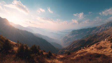 Majestic Mountain Range View with Sunlight and Clear Blue Sky Above.の素材