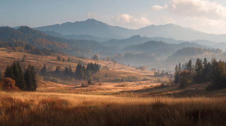 Serene Mountain Vista with Golden Fields and Misty Forest Landscapeの素材