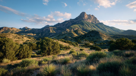 Breathtaking Mountain Vista with Rolling Hills and Cloudy Blue Skyの素材