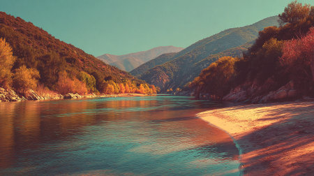 Tranquil River Valley Landscape with Autumnal Trees and Mountain Viewsの素材