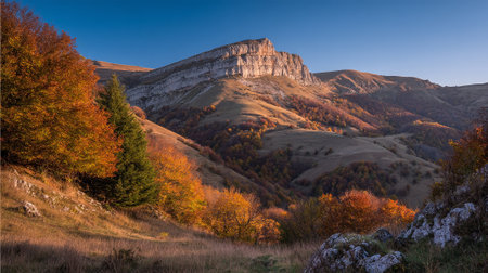 Majestic Mountain Scenery with Golden Autumnal Hues and a Clear Blue Skyの素材