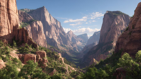 Majestic Canyon Vista with Towering Cliffs and Verdant Greenery Landscapeの素材
