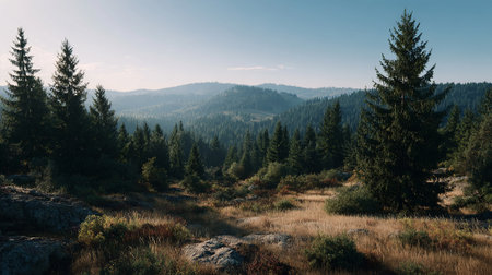Serene Mountain Landscape with Majestic Evergreen Trees and Rolling Hillsの素材