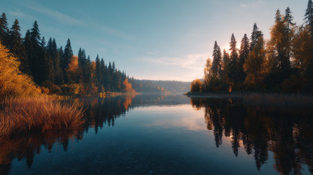 Serene Lake Scene at Dusk with Forest Reflection and Golden Sunlight.の素材