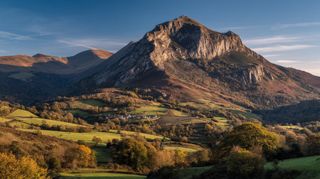 Scenic Autumnal Landscape with a Majestic Mountain and Rolling Hillsの素材
