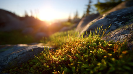 Golden Hour Glow: Mossy Rocks at Sunset in a Hilly Environmentの素材