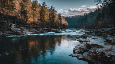 Serene River Landscape with Rocks and Trees in Autumnal Lightの素材