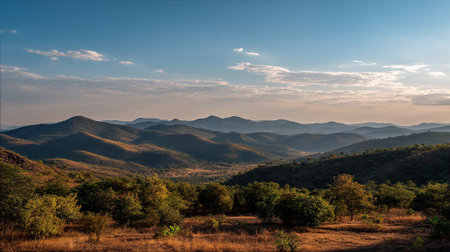 Rolling Green Hills and Valley Landscape Under Blue Skyの素材