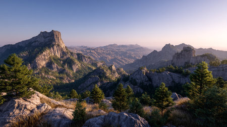 Majestic Mountain Vista: Rugged Peaks and Verdant Forest Under a Soft Skyの素材