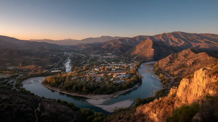 Breathtaking aerial view of a river winding through a mountainous landscape at sunset.の素材