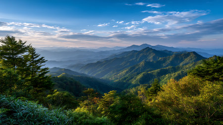Lush Mountain Range Vista Under a Vibrant Blue Skyの素材