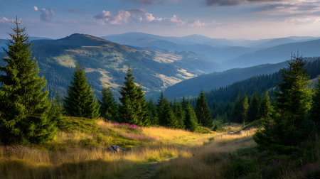 Majestic Mountain Vista with Evergreen Forest and Golden Meadow Sceneryの素材