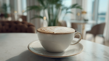 Elegant cappuccino in a white and gold cup on marble table.の素材