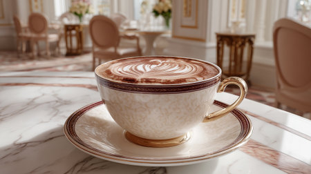 Elegant coffee art latte in luxurious setting for breakfastの素材