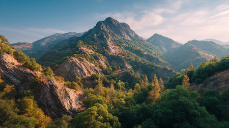 Majestic mountain landscape featuring rocky peaks and lush green forest under clear skies.の素材