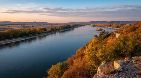 River Serenity: An Autumnal View over Majestic Waters at Sunset.の素材
