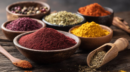 Aromatic Spices Collection in Wooden Bowls, Culinary Seasoning Still Lifeの素材