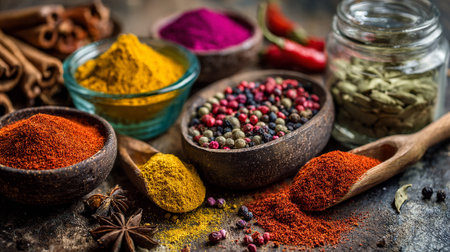 Vibrant Assortment of Spices Displayed in Bowls and Spoons on a Rustic Surfaceの素材
