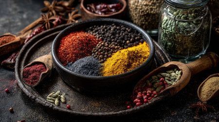 Aromatic Spices Displayed in Bowl and Spoons on Dark Textured Surfaceの素材