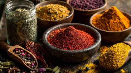Vibrant Assortment of Spices and Herbs in Rustic Bowls and Containersの素材