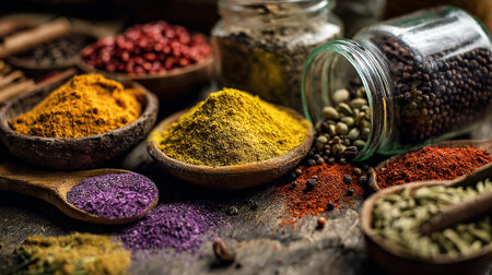 An Array of Colorful Spices and Herbs in Rustic Bowls and Jarsの素材