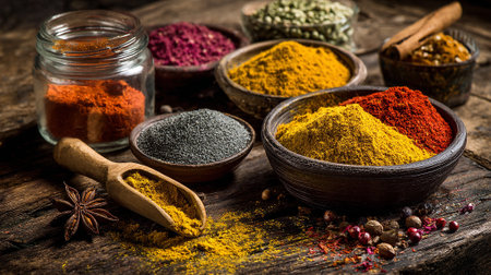 A Vibrant Variety of Aromatic Spices Arranged in Bowls on Rustic Woodの素材