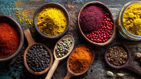 Colorful and aromatic array of spices arranged in wooden bowls and spoons.の素材