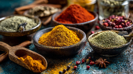 An Array of Colorful Spices in Bowls on a Textured Surfaceの素材