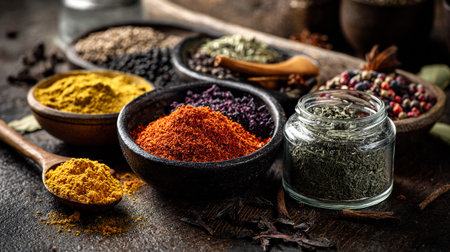 A vibrant collection of diverse spices and herbs displayed in rustic bowlsの素材