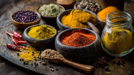 Vibrant Assortment of Aromatic Spices Displayed in Rustic Bowls and a Glass Jarの素材