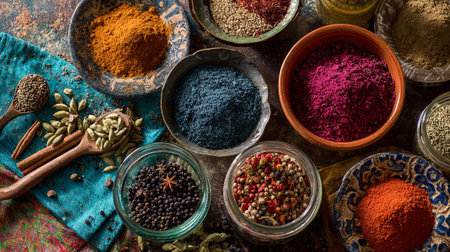 An Array of Aromatic Spices and Culinary Herbs in Bowls and Spoonsの素材