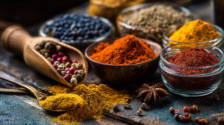 Aromatic Spices and Herbs in Bowls and Spoons for Culinary Useの素材