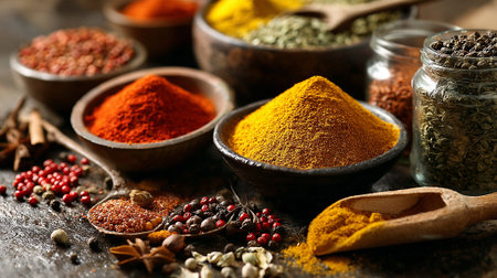 Exotic Spices in Bowls and Jars: A Culinary Still Lifeの素材
