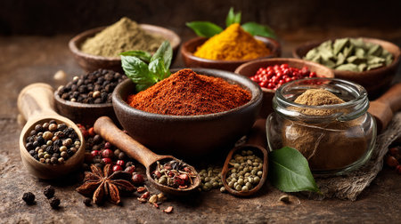 Assortment of aromatic culinary spices in rustic wooden bowls and spoonsの素材