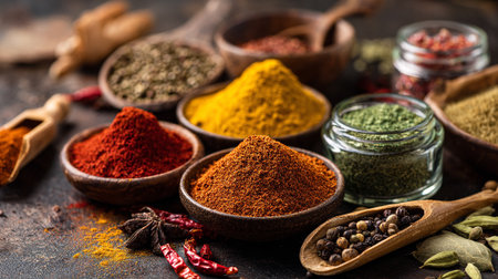Aromatic Spices Assortment in Wooden Bowls: Colorful Culinary Ingredients Still Lifeの素材