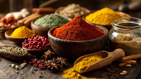 Vibrant display of aromatic spices arranged in wooden bowls and a glass jarの素材