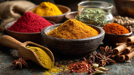 Vibrant Assortment of Spices and Herbs in Rustic Wooden Bowlsの素材